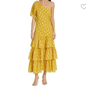 Veronica Beard Yellow Floral One-Shoulder Dress